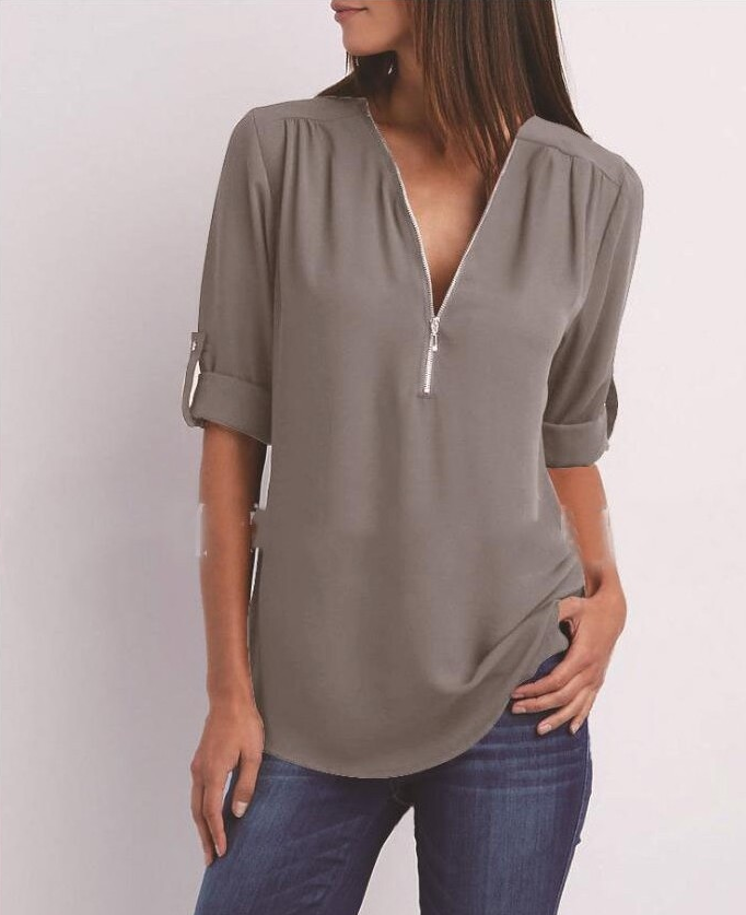 Large Size  Long Sleeve Loose V-neck Shirt