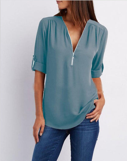 Large Size  Long Sleeve Loose V-neck Shirt